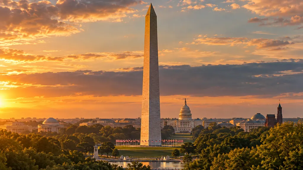 The Washington Monument and city landscape at dusk.